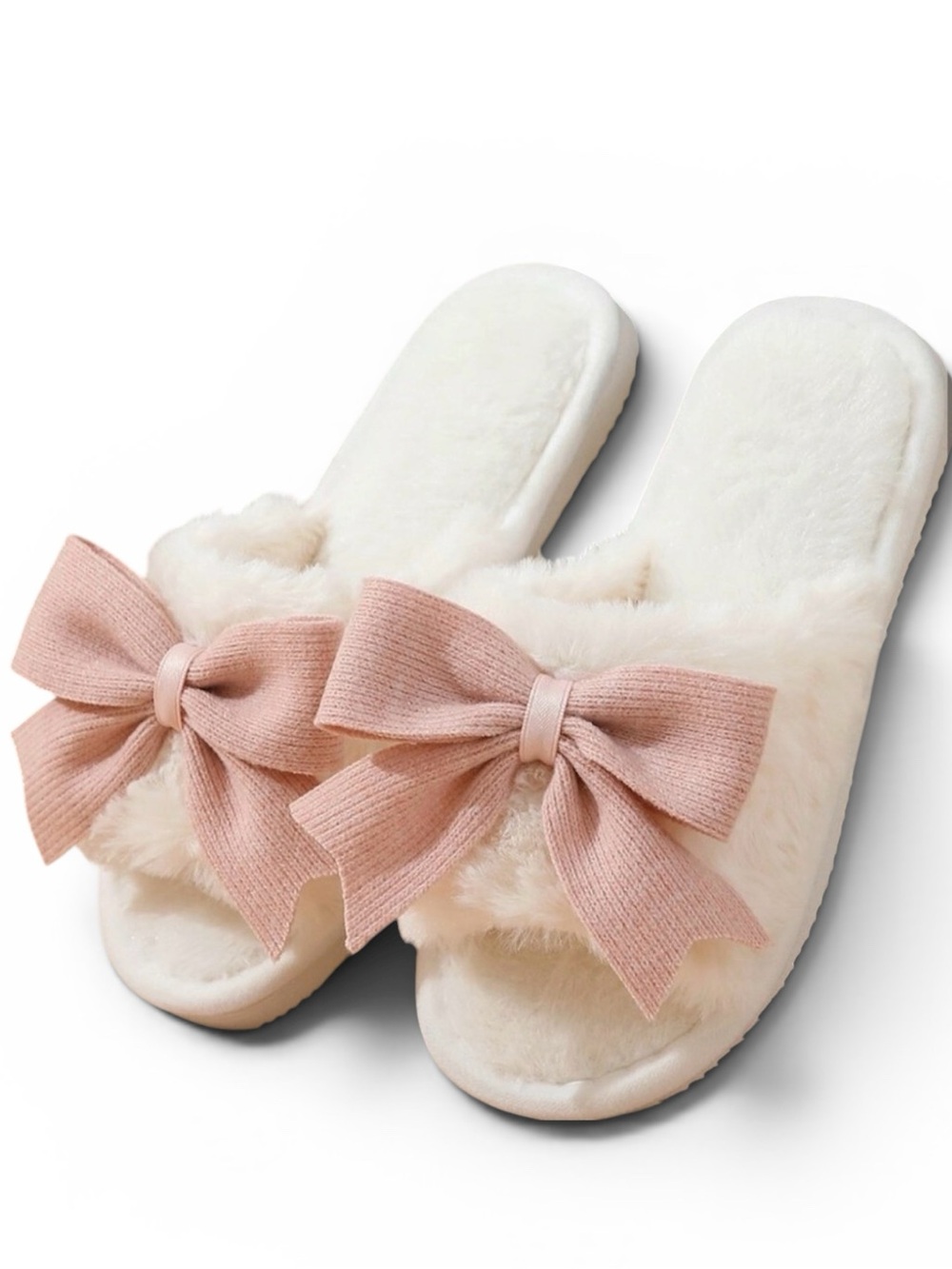White Faux Fur Pink Bow Slippers | Plush Open Toe Slides | Women’s US 7.5-8